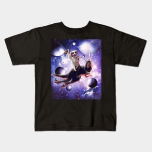 Golden Retriever Riding Dinosaur In Space Kids T-Shirt